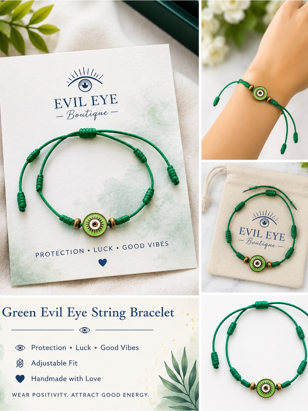 Green Evil Eye String Bracelet - Adjustable Protection Bracelet
